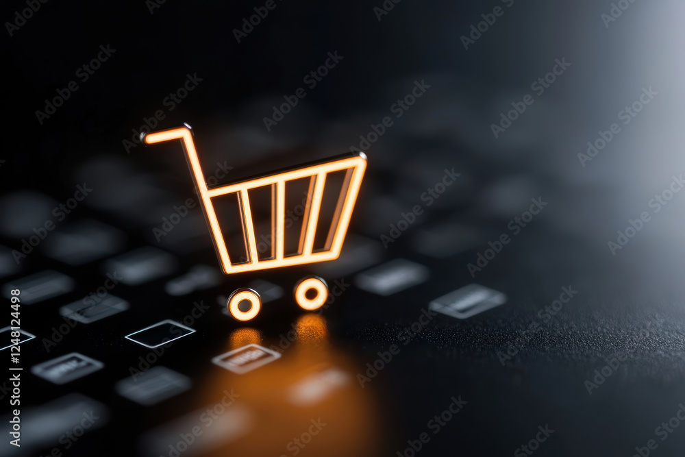 Poster the transformation of e-commerce business in the digital age. sleek digital cart symbol emphasizing 