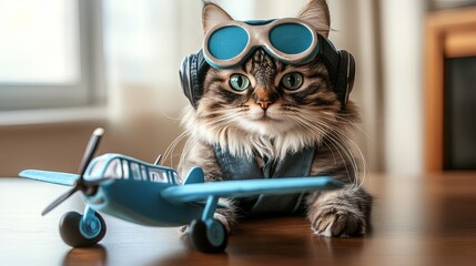 Cat dressed as a pilot sitting next to a toy airplane, aviation theme with space for text