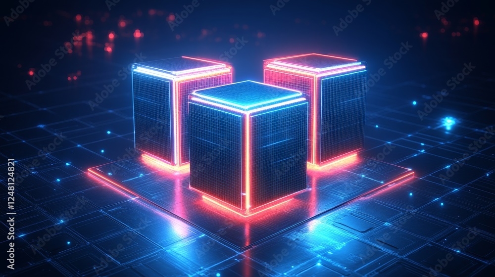 Poster abstract neon cubes futuristic technology digital data server network