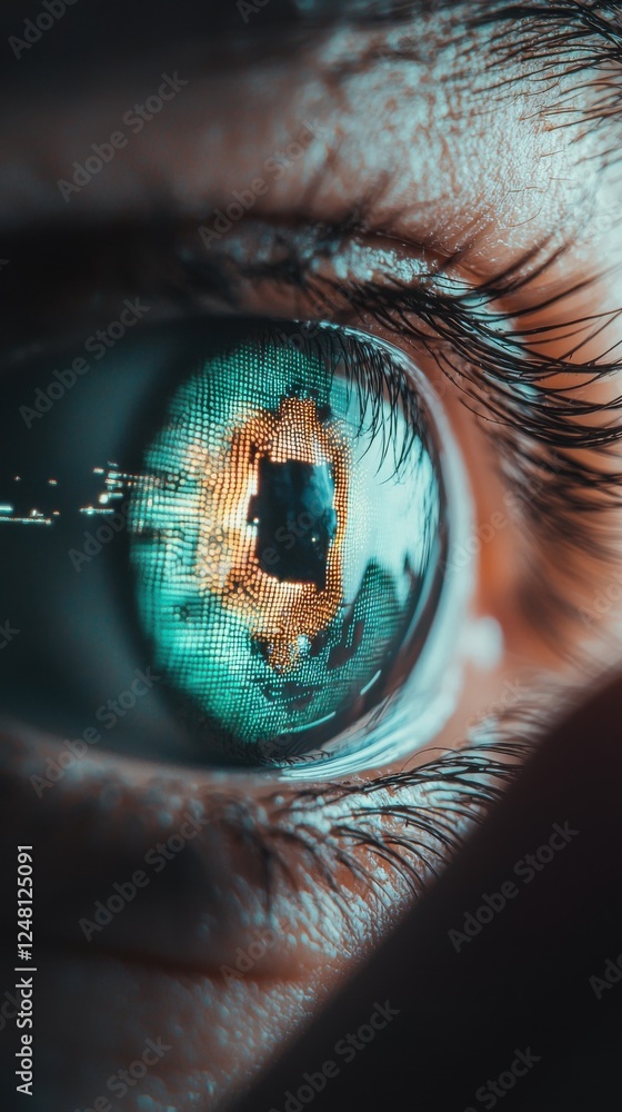 Poster futuristic human eye with digital display and high-tech elements enhancing vision and perception of 