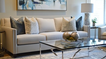 Modern lounge area with a light gray couch and a glass coffee table
