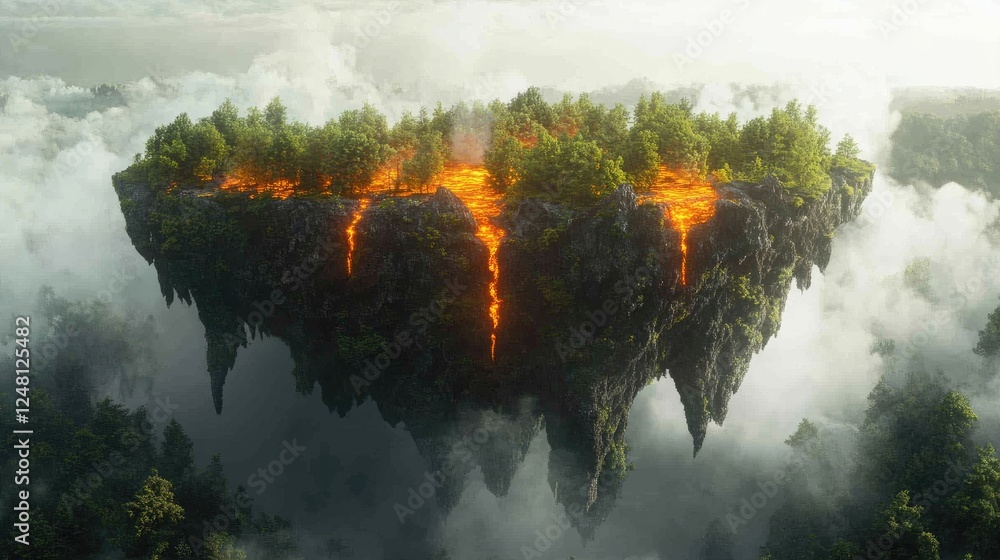 Poster A dramatic scene of a floating island with green forests on one side and fiery lava on the other, symbolizing natural balance, with a clean podium for product presentation.