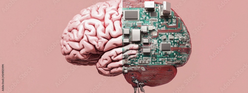 Poster human brain merged with microchip design illustrating the concept of artificial intelligence and neu