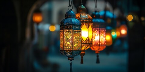 Illuminated Moroccan lanterns hang in a night market