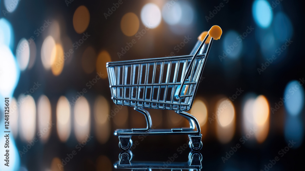 Poster the transformation of e-commerce business in the digital age. miniature shopping cart on reflective 