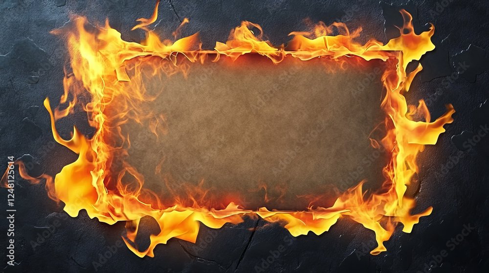 Poster fire on burnt paper edges. frames with burn effect with yellow flame, black ash and scorched edges o