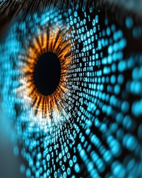 Close-up of an Eye with Binary Code Patterns Reflecting Technology and Digital Innovation