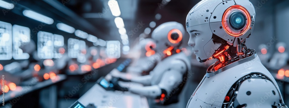 Poster advanced humanoid robots working on assembly line in futuristic industrial environment with glowing 