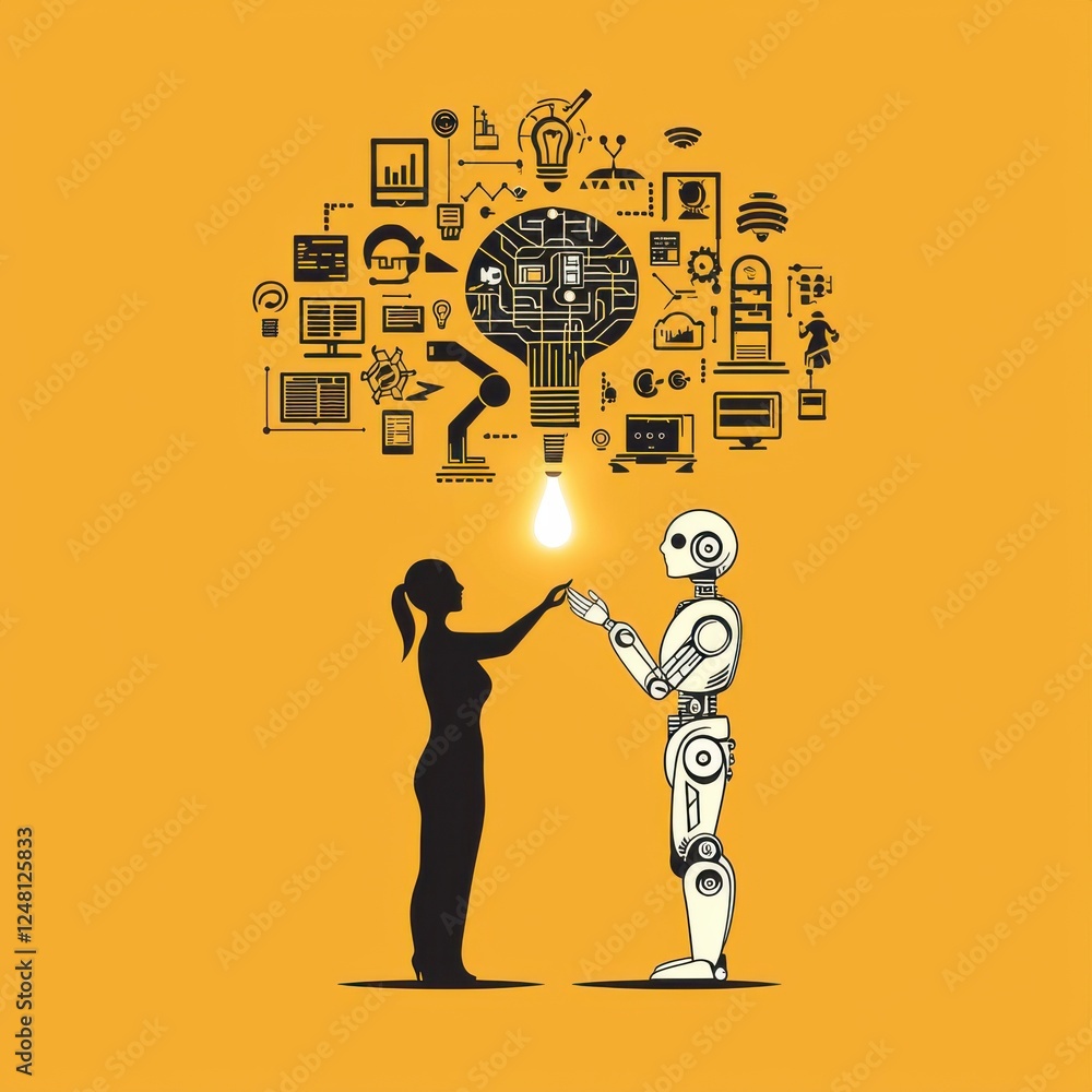 Poster human-robot interaction with technology icons and conceptual light bulb in yellow background