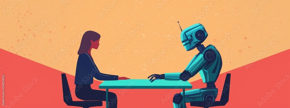 Poster human and robot interaction at table in digital art style depicting advanced technology and future c