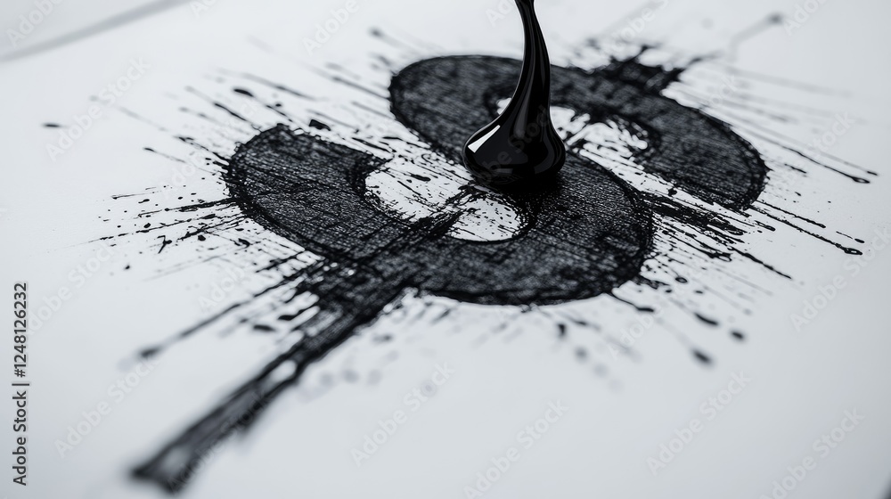 Poster a drop of ink on a contract spreading into the shape of a dollar sign, symbolizing financial agreeme