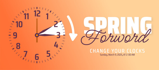 Spring Forward concept 2025 background or banner design with Golden color. Daylight Saving Time Starts background and cartoon doodle style with clock design.