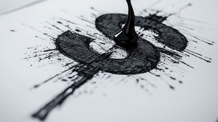 Fototapeta premium A drop of ink on a contract spreading into the shape of a dollar sign, symbolizing financial agreements, market volatility, and the risk involved in investment decisions and currency trends.