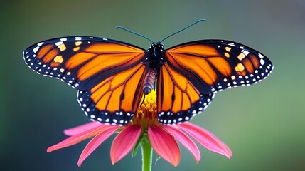 Fototapeta premium Monarch butterfly feeding on a vibrant milkweed flower, close-up detail of its wings