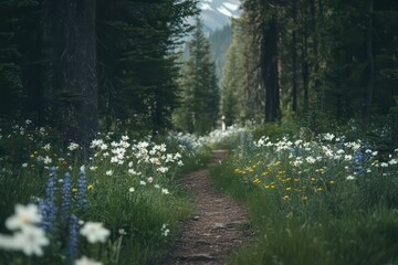 A quiet trail through a thick forest, with patches of wildflowers growing along the way. © Sean Hoong