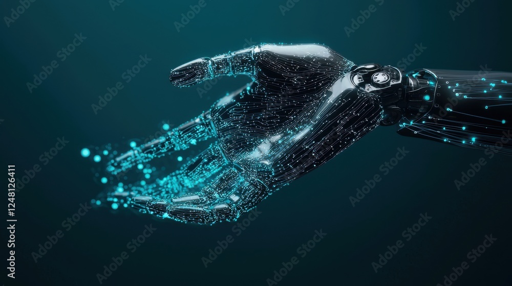 Poster futuristic robotic hand displaying digital particles in a sleek design over a dark background