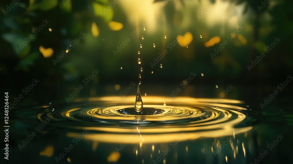 Poster a droplet poised in suspension, creating ripples in a calm pool, illustrating the far-reaching conse