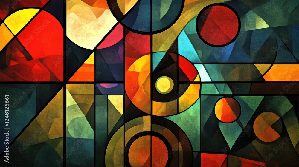 Poster A dynamic composition of triangles, circles, squares, and rectangles, creating a visually engaging geometric pattern for wallpapers or modern art projects.