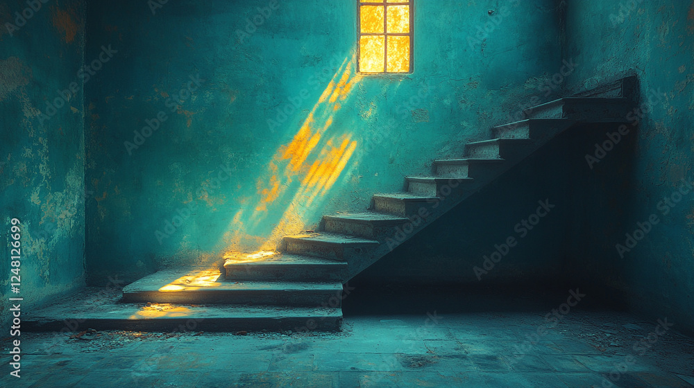 Poster light streaming through a window illuminates an empty staircase in a blue room