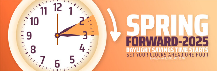 Spring Forward concept 2025 background or banner design with Golden color. Daylight Saving Time Starts background and cartoon doodle style with clock design.
