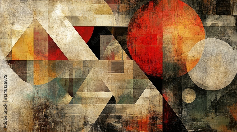 Poster A dynamic composition of triangles, circles, squares, and rectangles, creating a visually engaging geometric pattern for wallpapers or modern art projects.