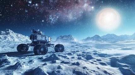 Obraz premium Snow space planet landscape with rover background. Freeze winter vector environment illustration for game. Frozen location above starry sky. Spacecraft drive and explore universe place terrain