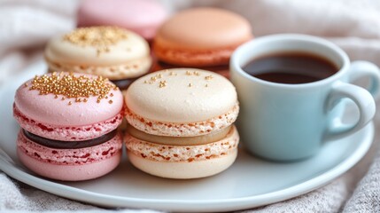 Coffee with macarons on plate, cozy textile