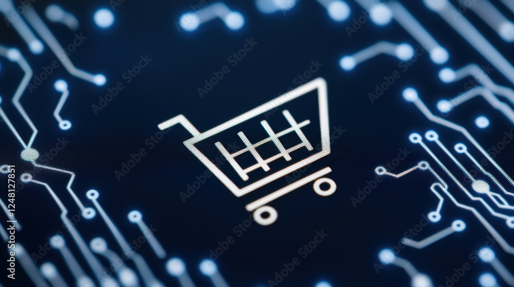 Poster the transformation of e-commerce business in the digital age. digital cart icon representing e comme