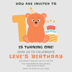 Greeting and invitation card for kids first Birthday party. Cute baby bear, cake with candles, number 1 in flat childrens style. Vector illustration, design for card, poster, event