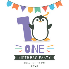 Greeting and invitation card for kids Birthday party. Cute baby animal penguin and number 1 in flat childrens style. Vector illustration, design for card, poster, event