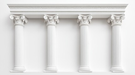 Obraz premium Minimalist Greek columns on a pure white background with clean lines, geometric precision, soft shadows for depth, sharp edges in high-quality rendering, perfect for professional use.