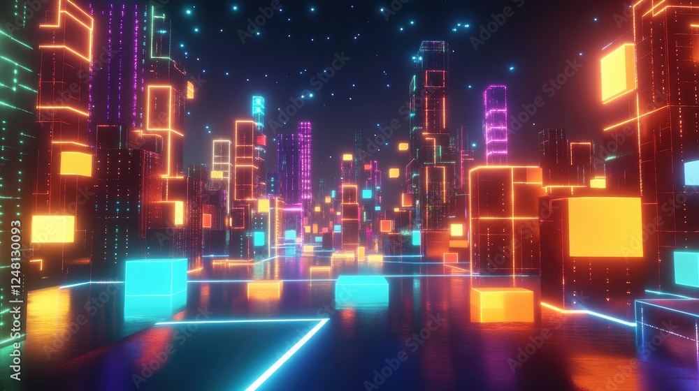 Poster a futuristic 3d cityscape formed by glowing cubes, each representing a unique startup, interconnecte