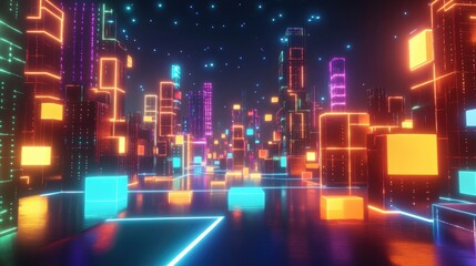 Fototapeta premium A futuristic 3D cityscape formed by glowing cubes, each representing a unique startup, interconnected by bright pathways, demonstrating the synergy of economic collaboration and growth.