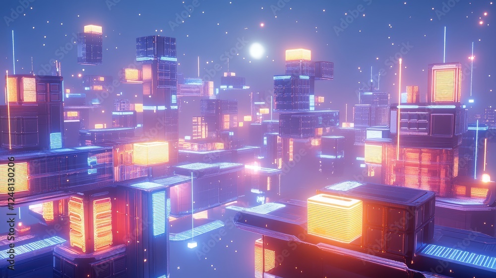 Poster a futuristic 3d cityscape formed by glowing cubes, each representing a unique startup, interconnecte