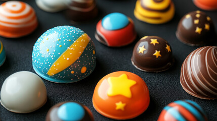 Chocolate sweet candy space planet cartoon set. Food galaxy world fantasy isolated round yummy and cute confectionery satellite for alien. Pink colorful childish caramel clipart for magic ui design