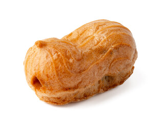 Unique shaped dessert made from dough filled with sweet cream on a plain background