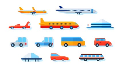 Collection of minimalist transportation icons including cars airplanes and trains arranged in a clean modern layout on a white background  These simple geometric symbols convey the concepts of travel