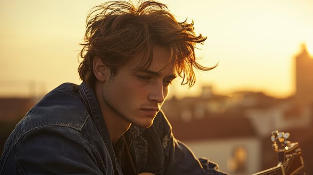 Sunset rooftop serenade a young guitarist in dreamy light
