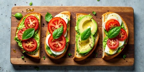 Delicious open-faced sandwiches with avocado, tomato, and mozzarella on a rustic wooden board