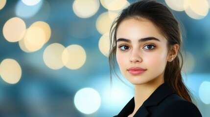 Fototapeta premium Captivating portrait, young woman with striking blue eyes and flowing long hair portrait