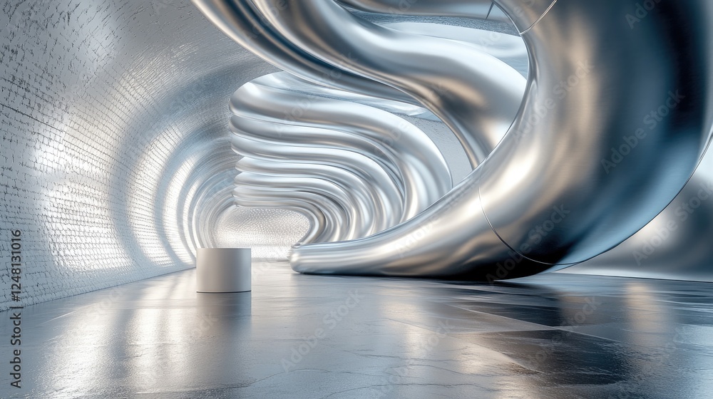 Poster A futuristic metallic pipe running through a building with intricate bends, set beside an empty podium for packaging product display.