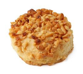 Delicious cookie topped with crushed nuts sits on a plain background ready to be enjoyed