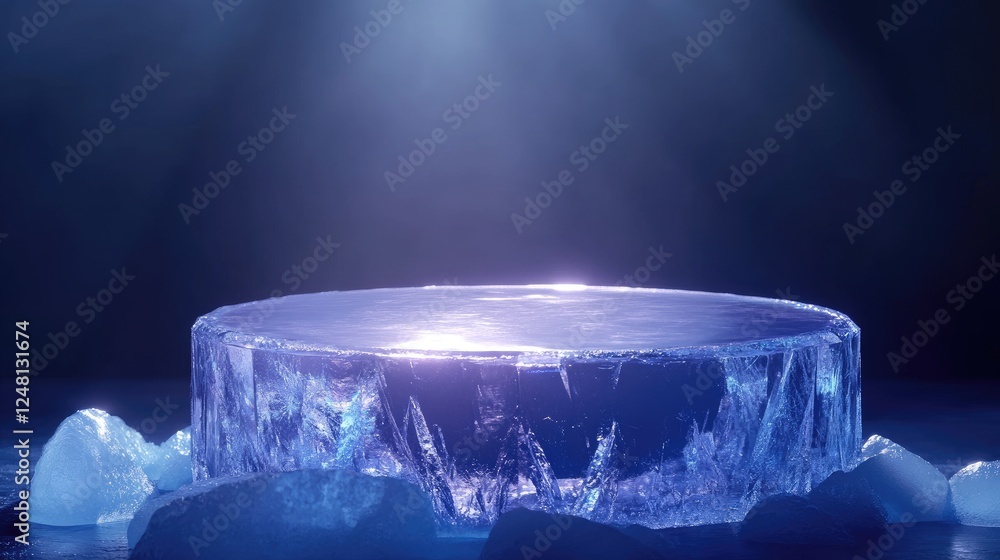 Poster a futuristic sapphire and ice podium, creating a cool and sophisticated backdrop for product packagi