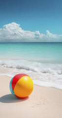 Obraz premium colorful beach ball rests on white sandy shore, with gentle waves lapping at beach under bright blue sky