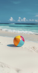 Obraz premium colorful beach ball resting on white sandy shore, surrounded by calm waves and clear blue sky, evokes sense of summer fun and relaxation