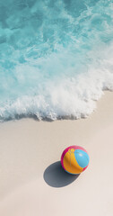 Obraz premium colorful beach ball rests on white sandy shore, with gentle waves lapping nearby, creating serene and playful atmosphere