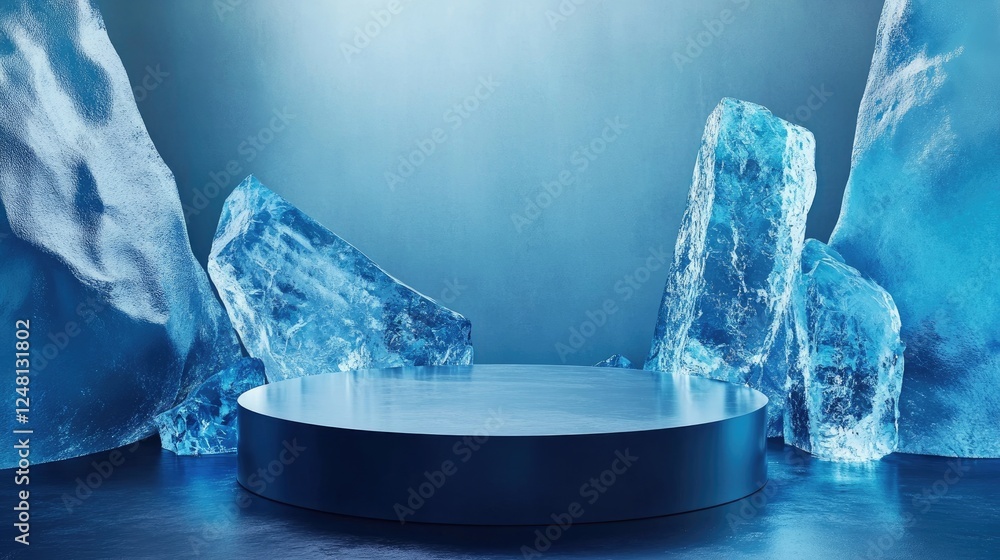 Poster a futuristic sapphire and ice podium, creating a cool and sophisticated backdrop for product packagi