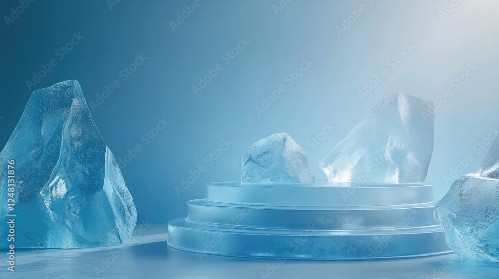 Poster a futuristic sapphire and ice podium, creating a cool and sophisticated backdrop for product packagi