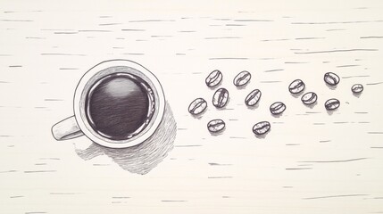 Overhead view of coffee cup, beans on wood. Perfect for cafe menus
