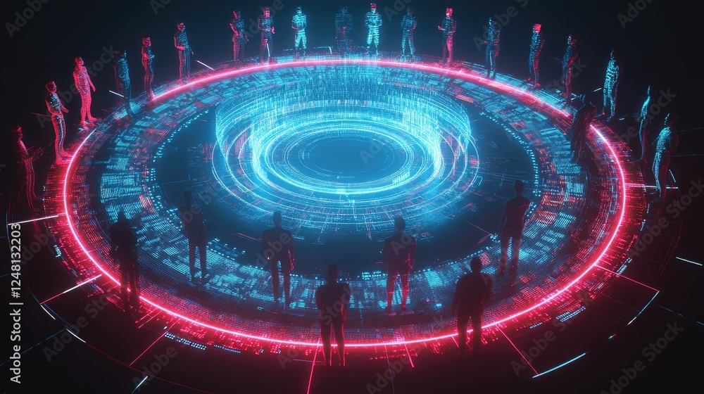 Aufkleber a glowing circular arena with holographic figures engaging in debates and discussions, symbolizing t